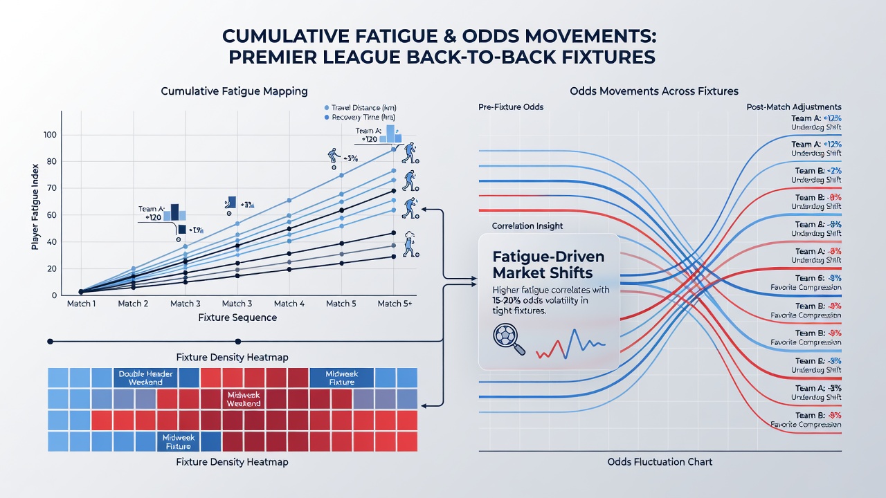 Chart showing NBA and Premier League odds movements correlated with cumulative player fatigue metrics