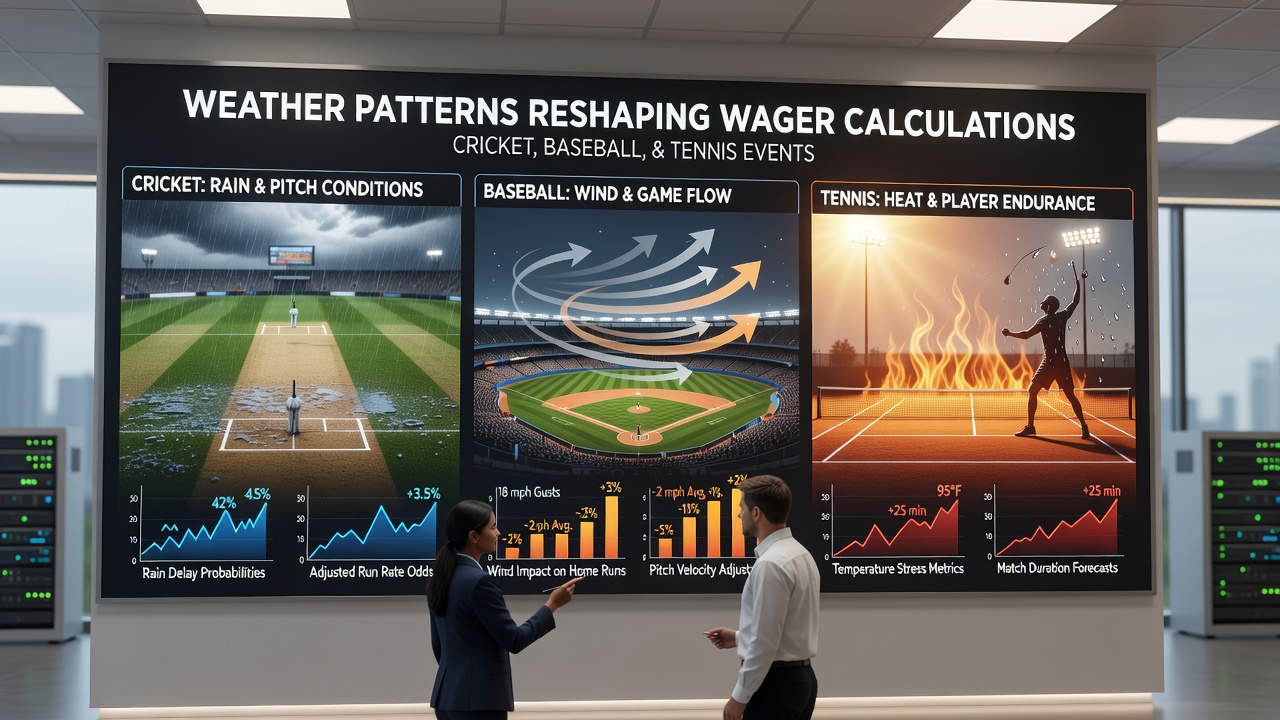 Baseball stadium wind patterns and tennis court surface temperature charts used in live odds modeling